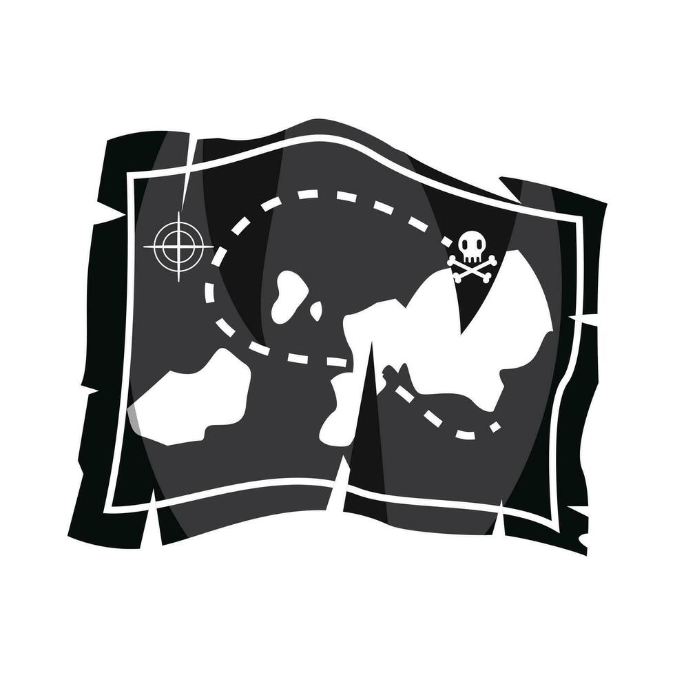 pirata mappa. cranio e ossatura su nero nastro. elemento di Morte. emblema e simbolo di furto e ladro. cartone animato piatto illustrazione. gioviale roger professionista vettore