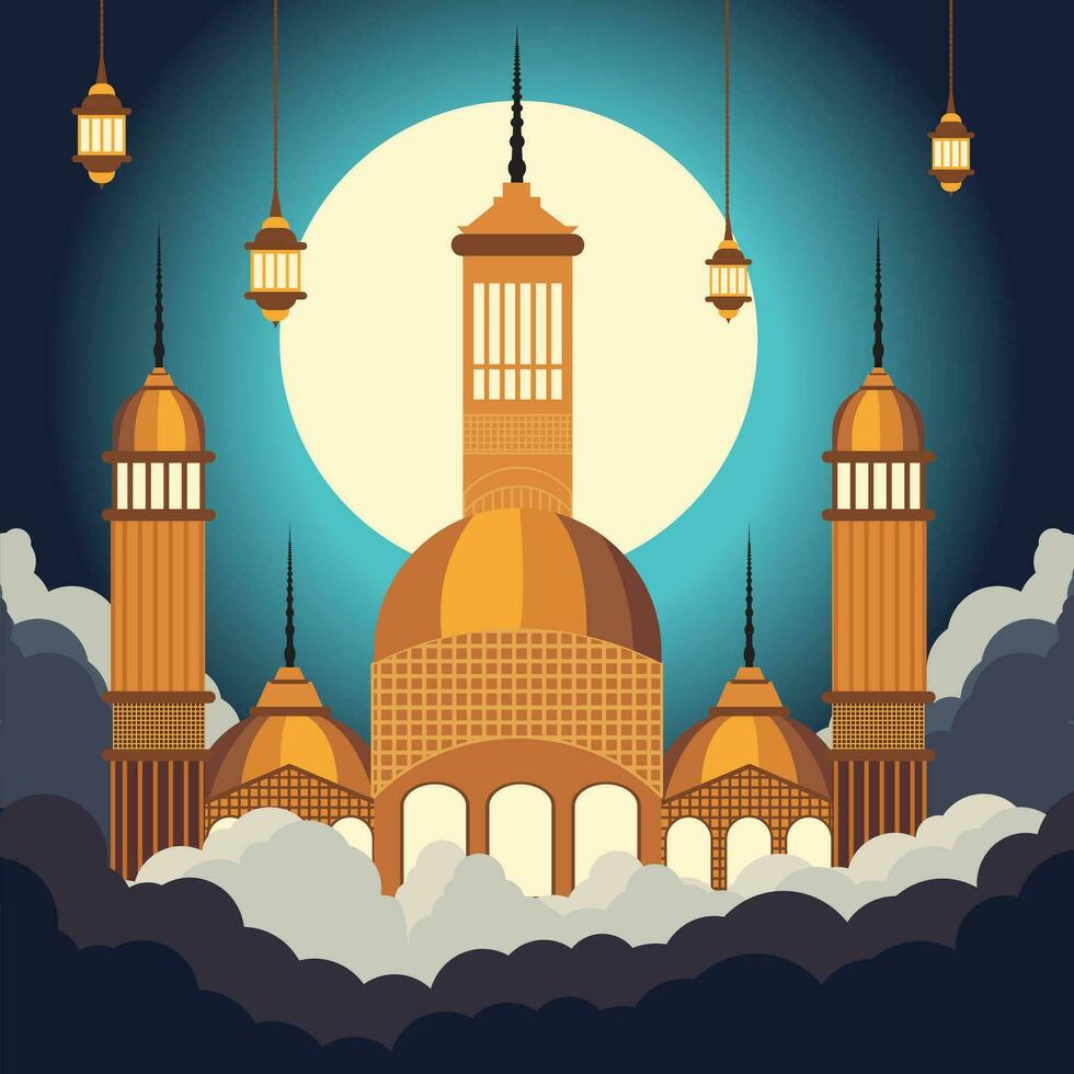 un' vivace eid al Fitr manifesto con un' notte cielo di scintillio lanterne e un' mezzaluna Luna vettore