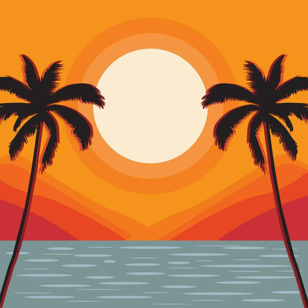 estate tramonto serenata illustrare un' vettore paesaggio di un' bellissimo tramonto, completare con sagome di palma alberi e uccelli