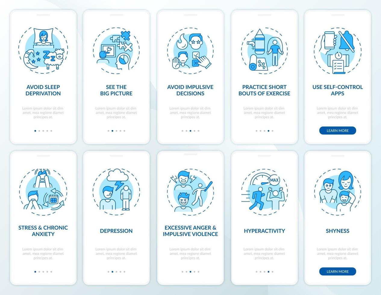 schermata della pagina dell'app mobile onboarding blu di autocontrollo con concetti impostati vettore