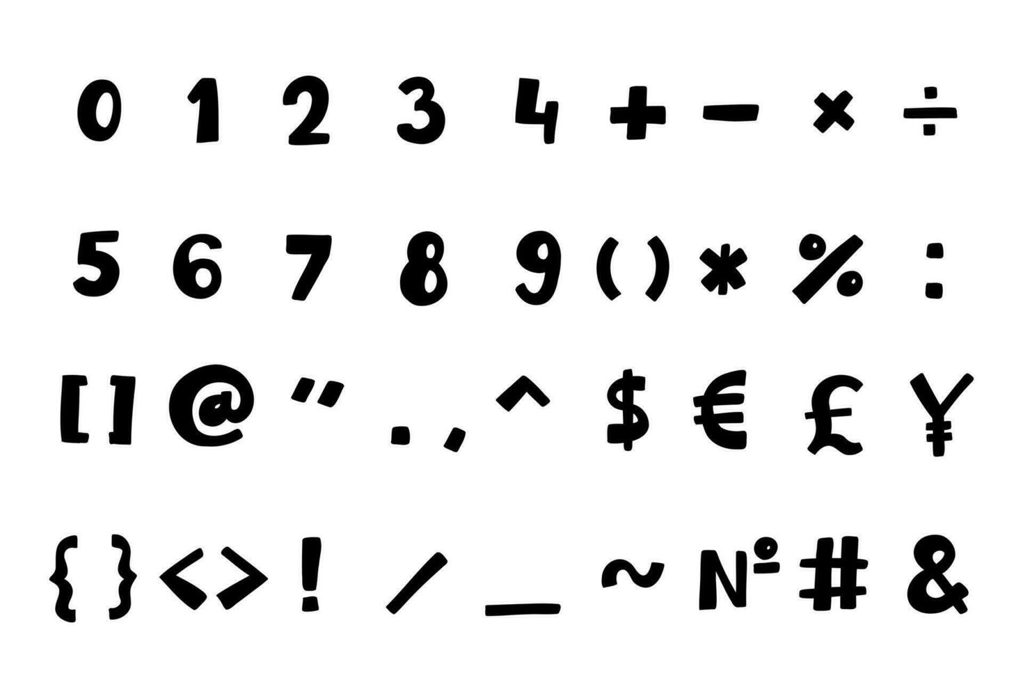 manoscritto nero speciale matematico e altro simboli e segni font 0 per 9. vettore illustrazione nel mano disegnato cartone animato scarabocchio stile isolato su bianca sfondo. per logo, i saldi, decorare, carta.