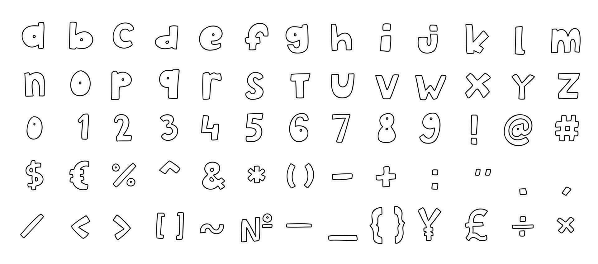 scarabocchiare nero inglese latino abc alfabeto font con cifre e simboli manoscritto un' per z, 0 per 9 impostare. vettore illustrazione nel scarabocchio stile isolato su bianca sfondo. per decorare, logo.