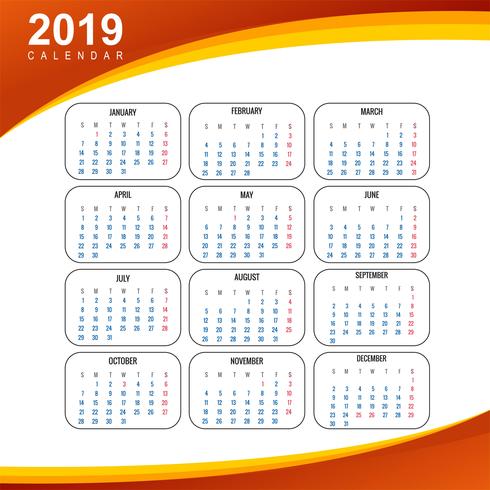 Calendario 2019 Modello con sfondo di onda vettore