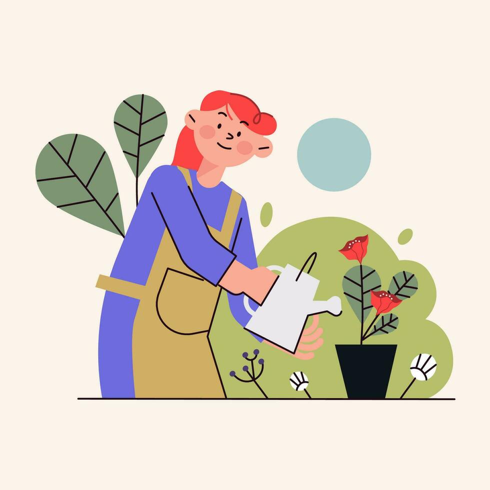 illustrazione di un' donna irrigazione impianti per conserva il ambiente e mantenere sua mente salutare vettore
