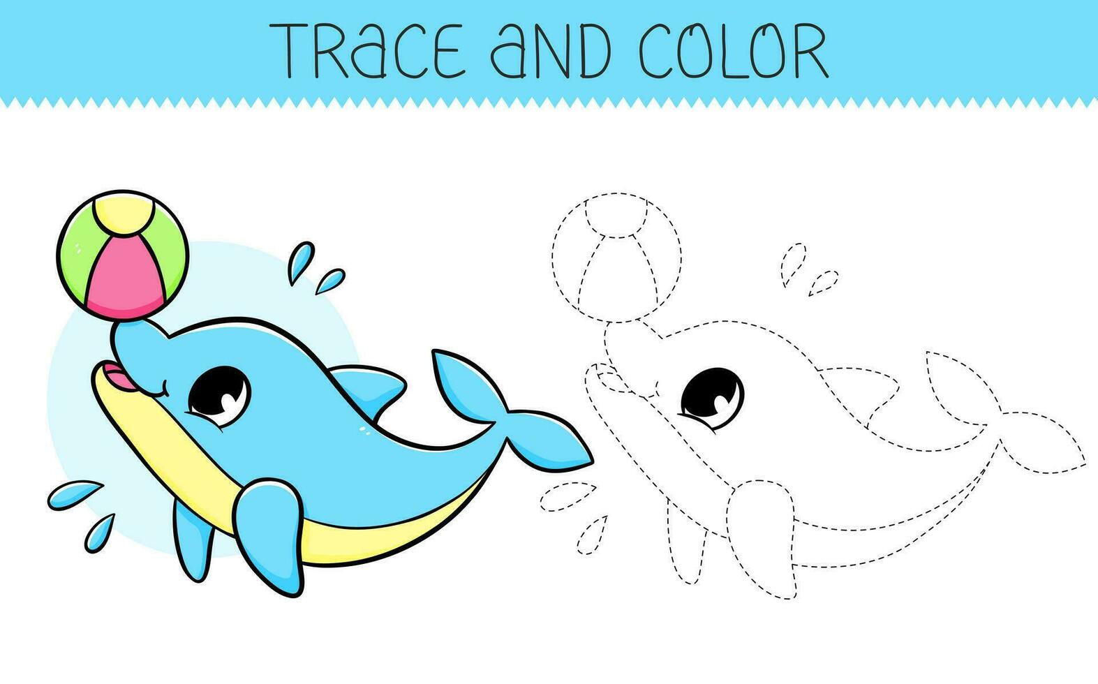 tracciare e colore colorazione libro con carino delfino con palla per bambini. colorazione pagina con cartone animato delfino. vettore illustrazione