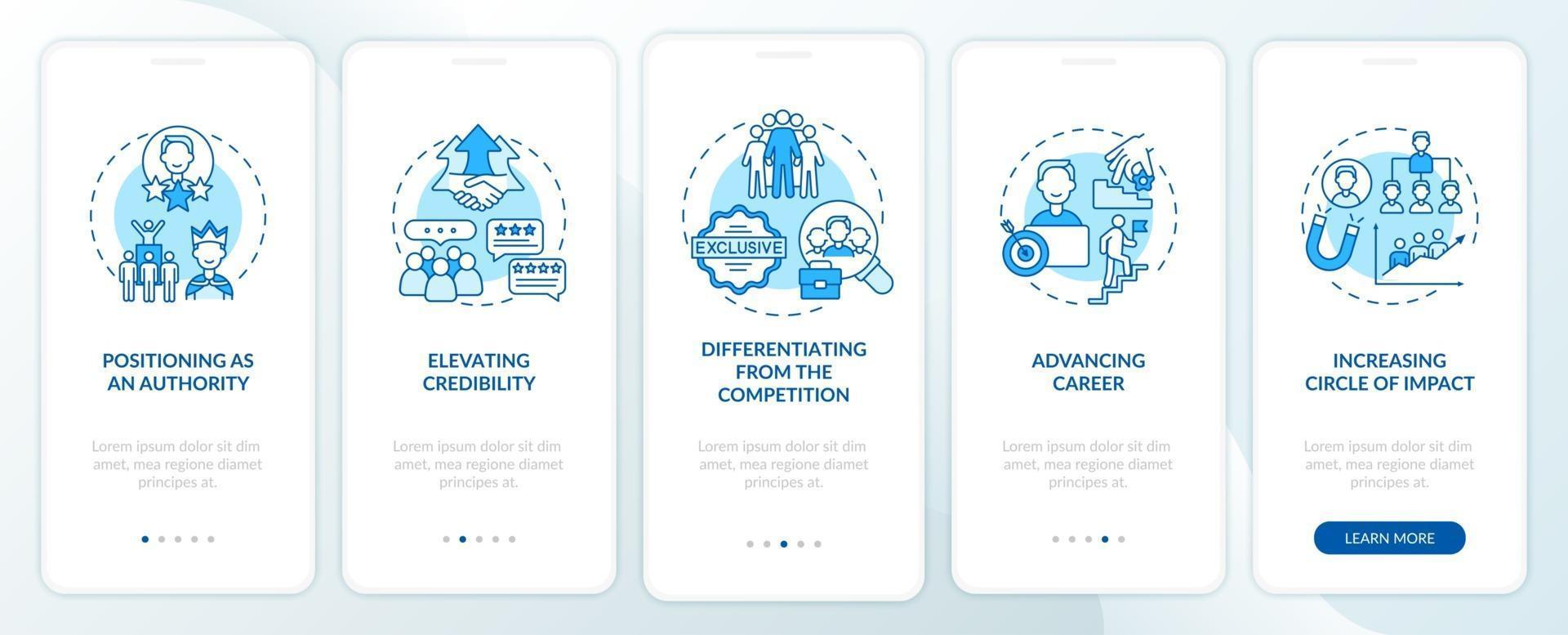 attività del marchio personale schermata blu della pagina dell'app mobile di onboarding con concetti vettore