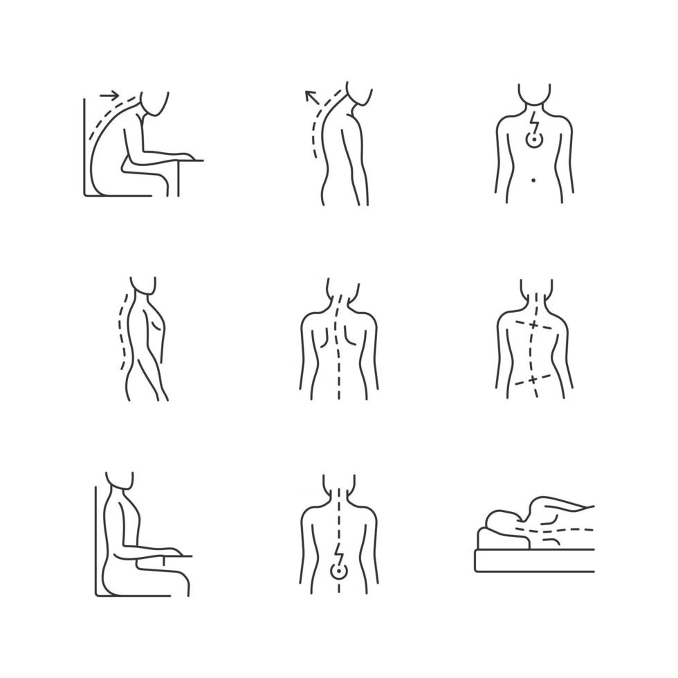 set di icone lineari per problemi di schiena e postura vettore
