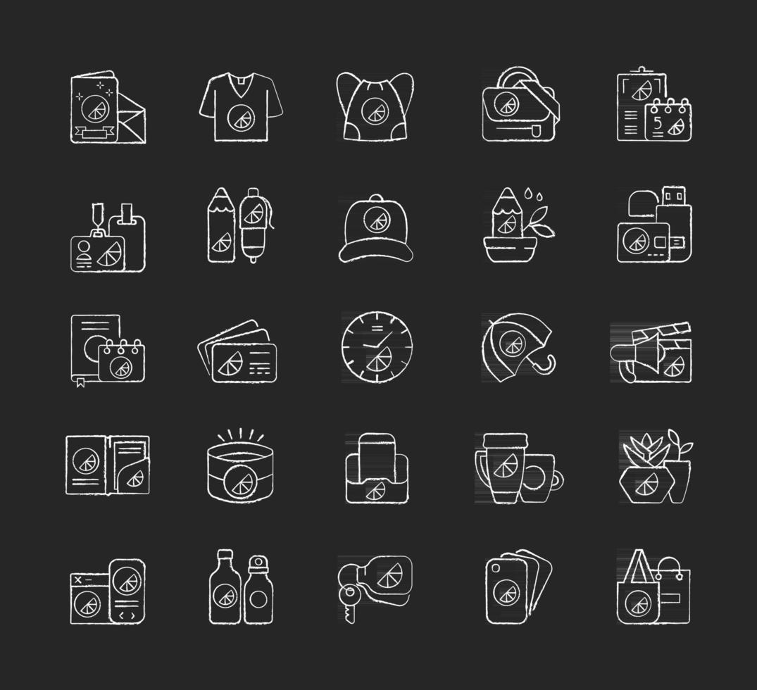materiali di branding dell'azienda icone bianche gesso impostate su sfondo nero vettore