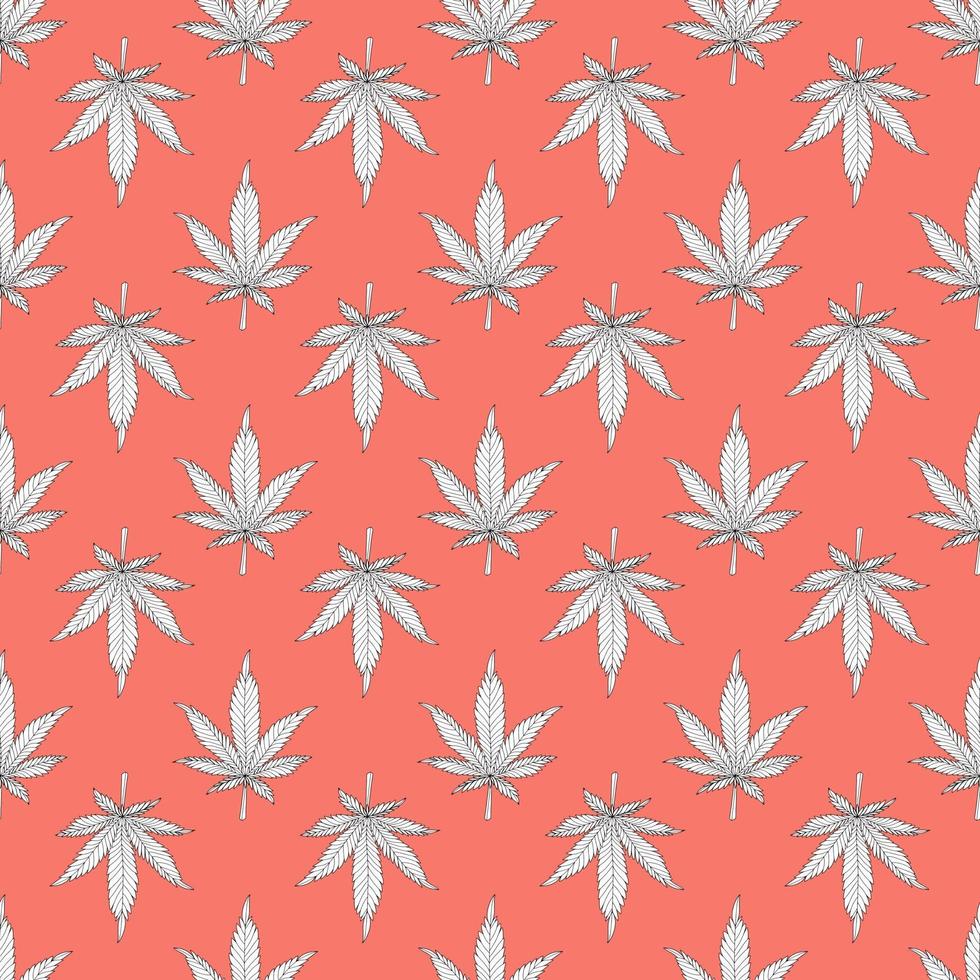 modello senza cuciture di cannabis. foglie di canapa bianche su sfondo arancione. illustrazione vettoriale del modello di marijuana