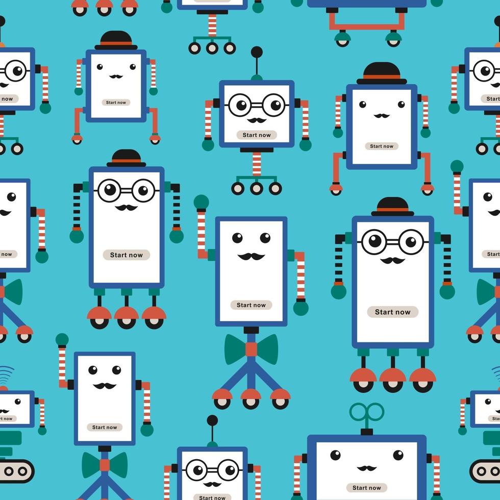 vettore, seamless, modello, mano, disegnato, fondo, con, carino, robot, hipster, isolato, su, blu, background vettore