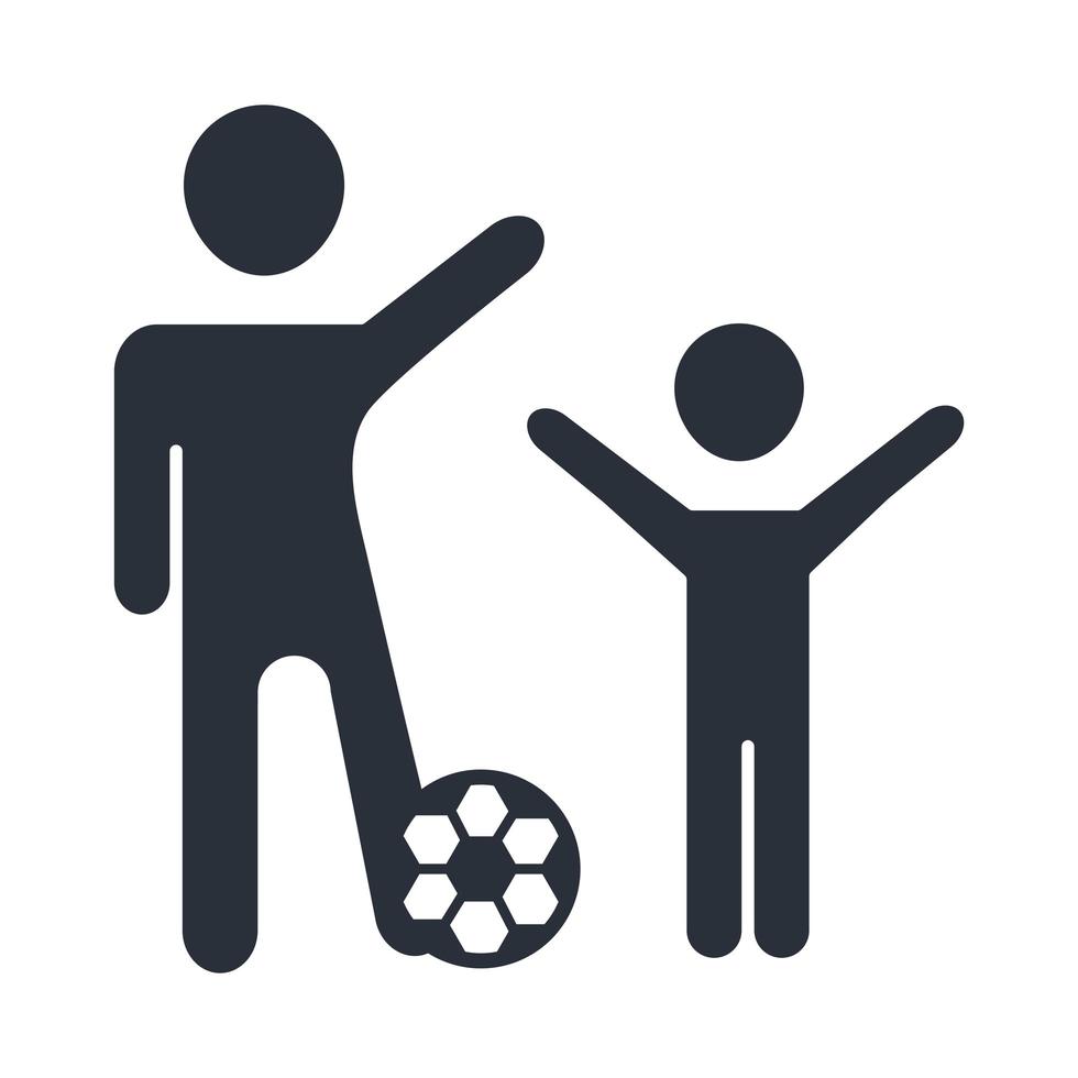 padre e figlio felici che giocano con l'icona del giorno della famiglia del pallone da calcio in stile silhouette vettore