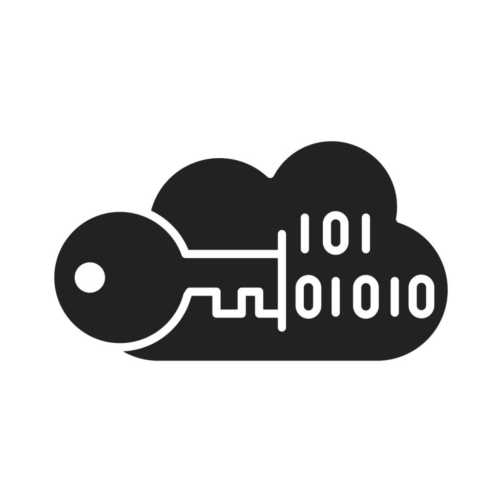 sicurezza informatica e protezione delle informazioni o della rete cloud computing chiave dati icona stile silhouette binaria vettore