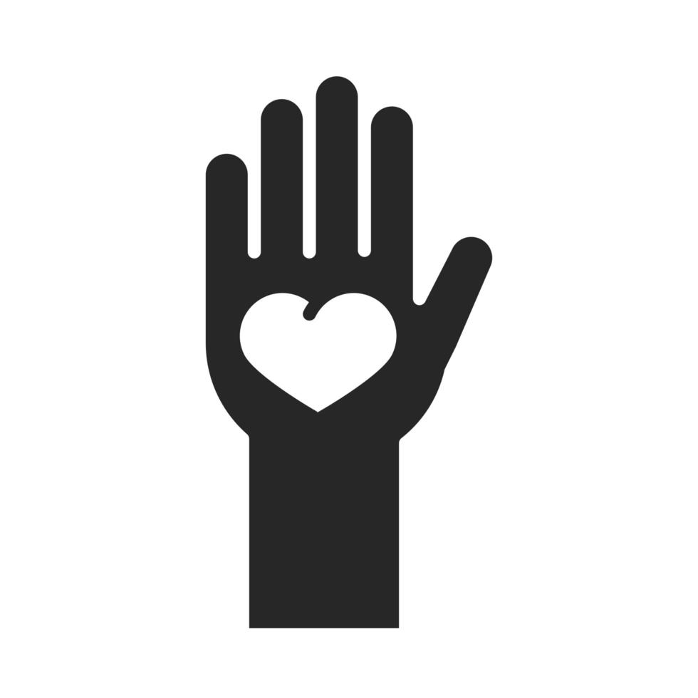 donazione carità volontario aiuto sociale mano con cuore in icona di stile silhouette palma vettore