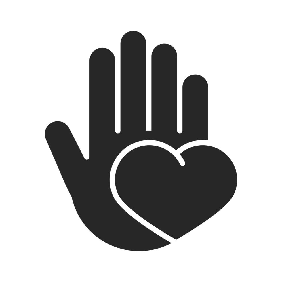 donazione carità volontario aiuto sociale mano con icona di stile silhouette cuore amore vettore