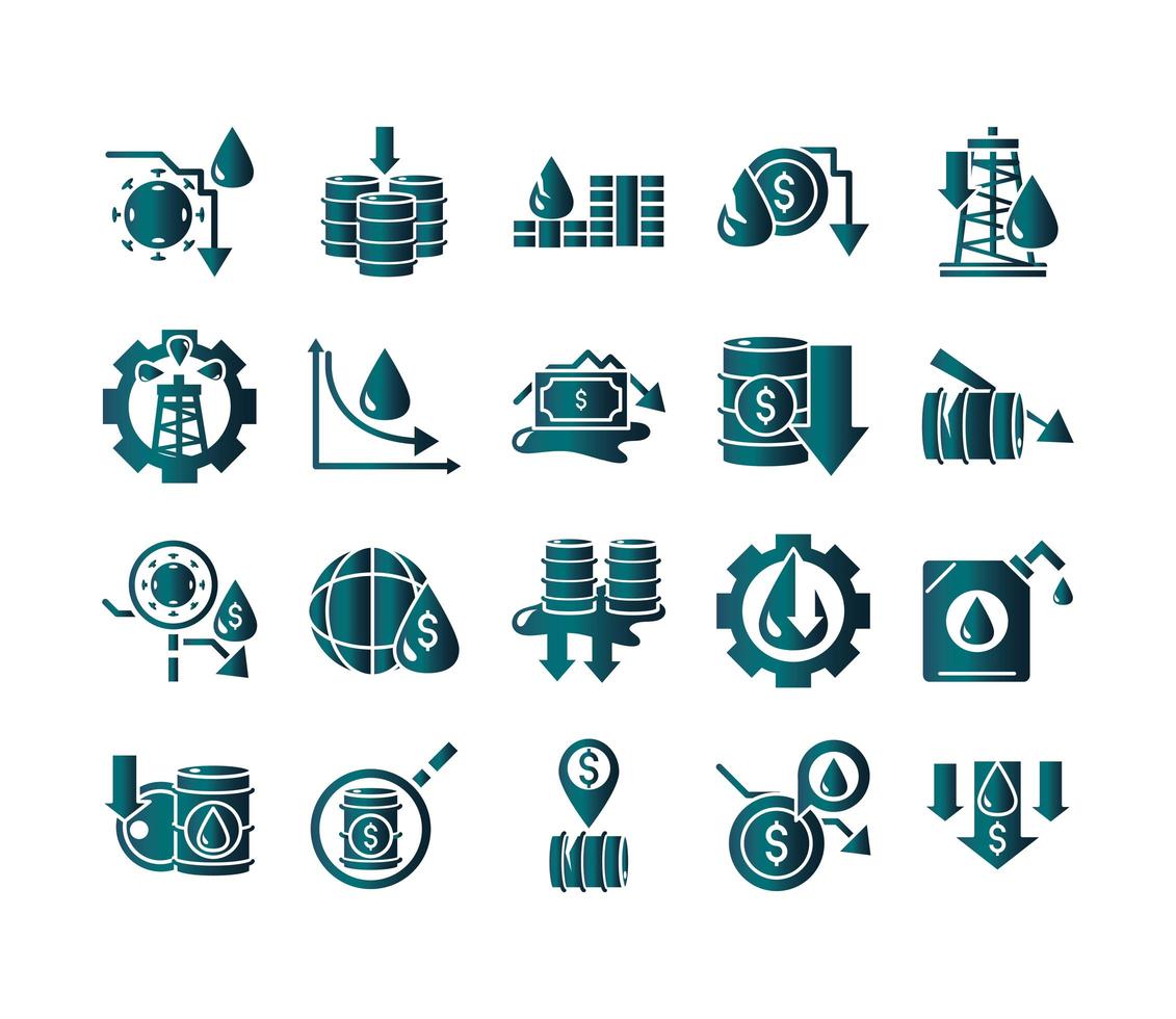 le icone finanziarie aziendali dell'economia della crisi del crollo del prezzo del petrolio impostano lo stile sfumato vettore