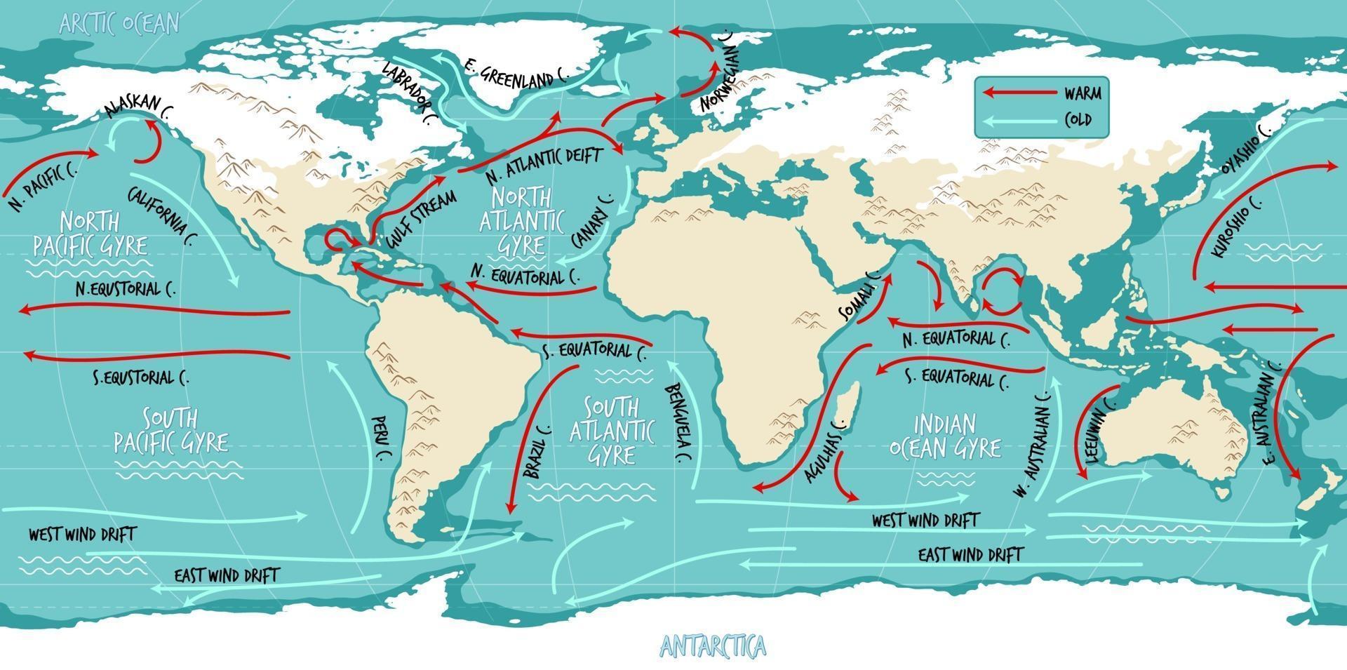 la mappa del mondo attuale dell'oceano con i nomi vettore