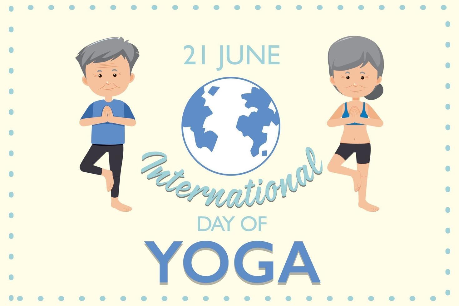 banner della giornata internazionale dello yoga con una vecchia coppia che fa posa yoga vettore