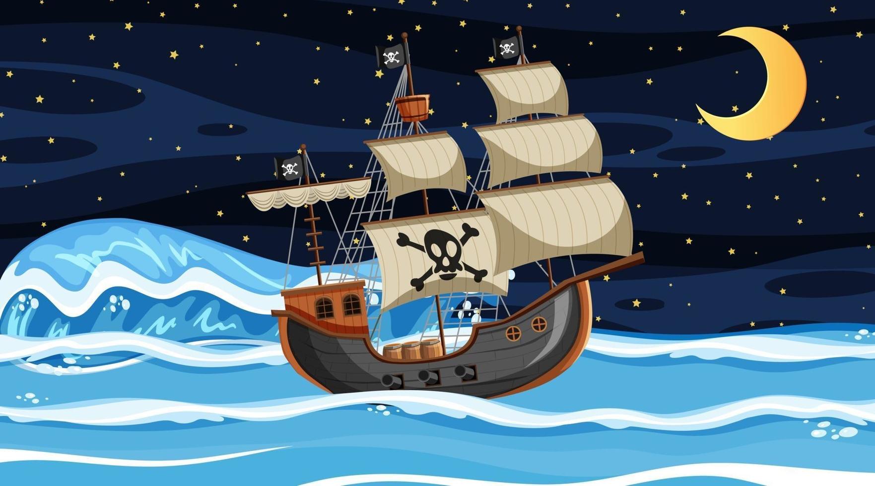 scena dell'oceano di notte con la nave pirata in stile cartone animato vettore