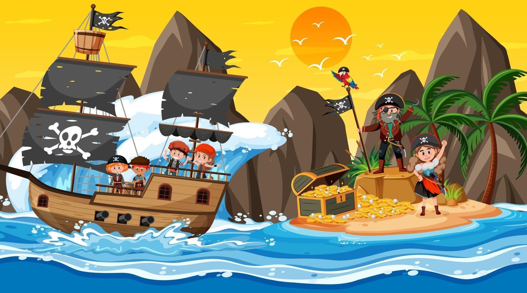 scena dell'isola del tesoro al tramonto con bambini pirata vettore