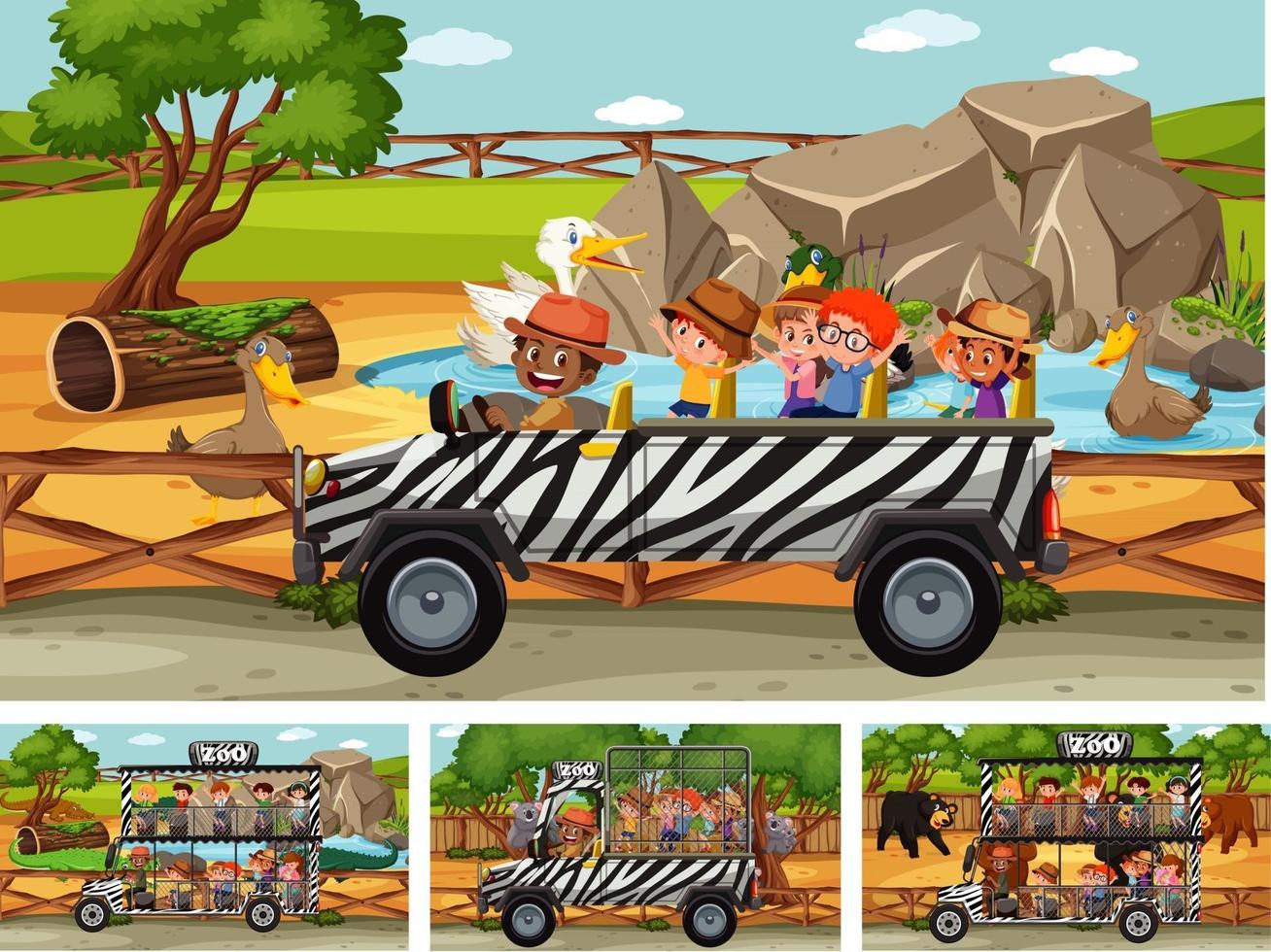 diverse scene di safari con animali e personaggi dei cartoni animati per bambini vettore