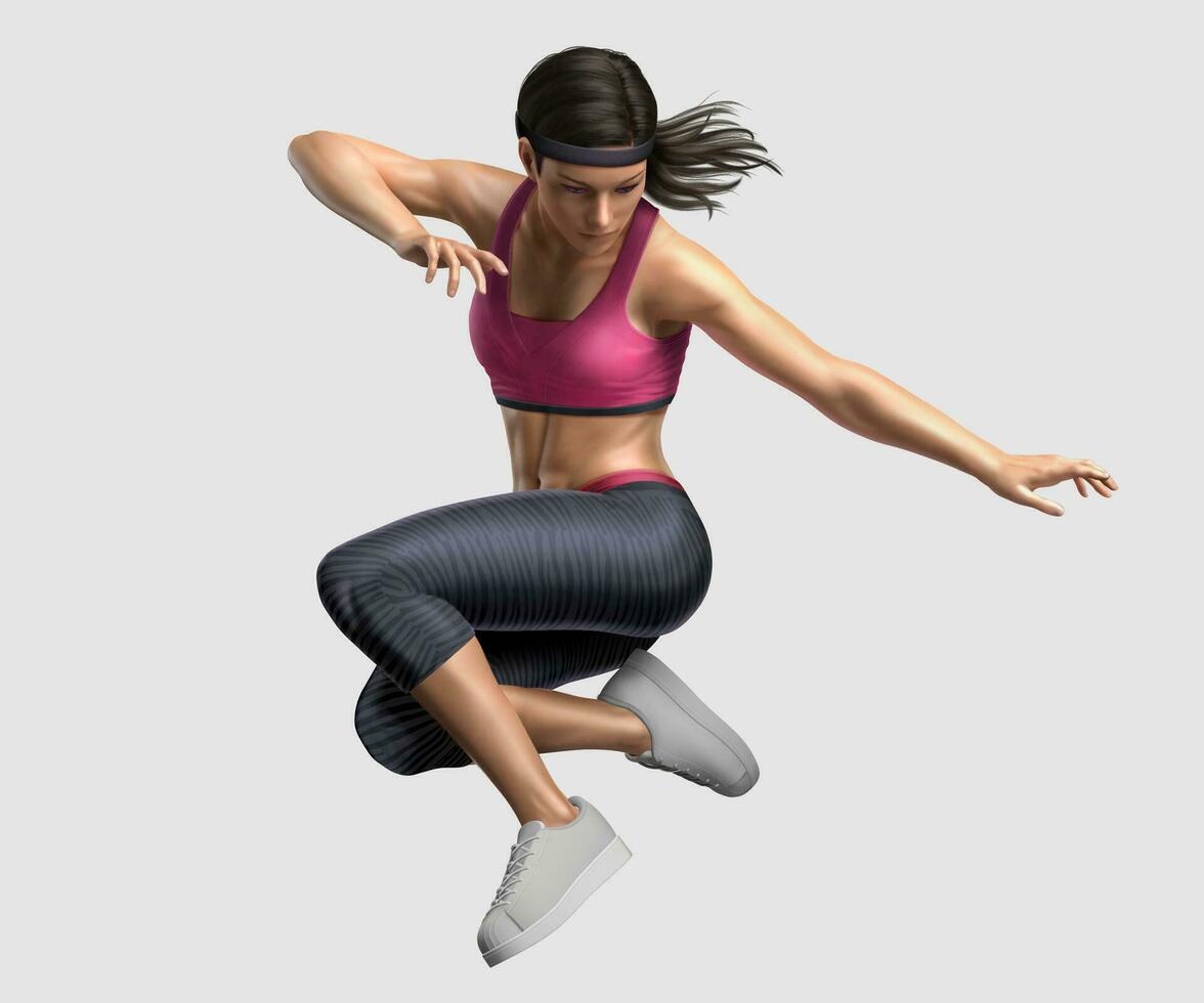 donna nel abbigliamento sportivo salto nel il aria, 3d illustrazione vettore