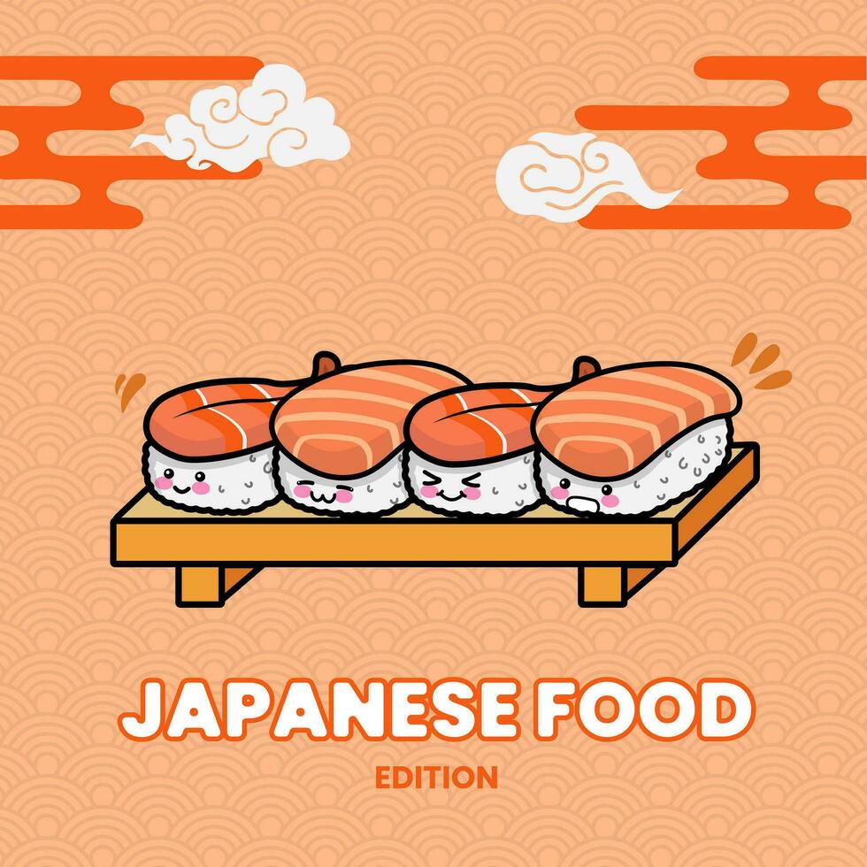 Sushi giapponese cibo portafortuna etichetta illustrazione vettore