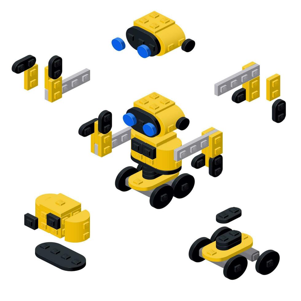 un' concetto con un' giallo robot e suo parti fatto di plastica blocchi nel un isometrico stile per stampa e decorazione. vettore illustrazione.