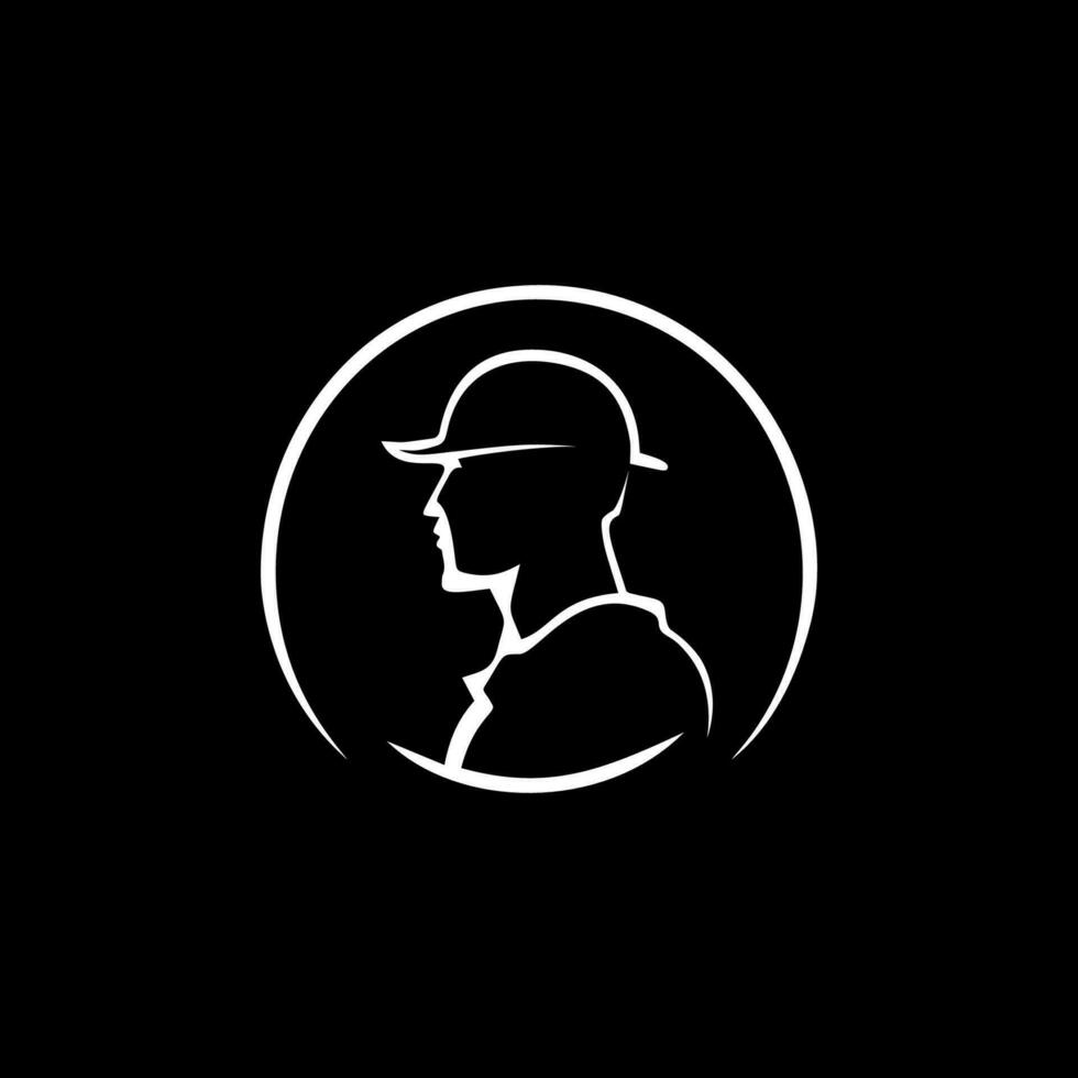uomo testa nel casco lineare silhouette, edificio servizio emblema, maestro logo, riparazione e costruzione opera icona. vettore illustrazione