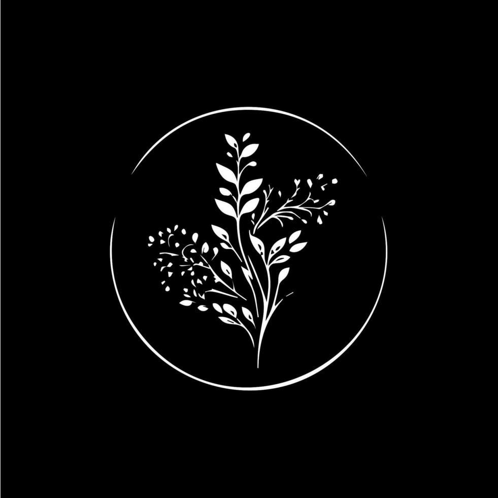 bianca icona di mano disegnato schizzo asciutto erbe aromatiche silhouette su nero sfondo, moderno boho logo modello, maglietta Stampa, natura minimalista etichetta, tatuaggio modello. isolato vettore illustrazione