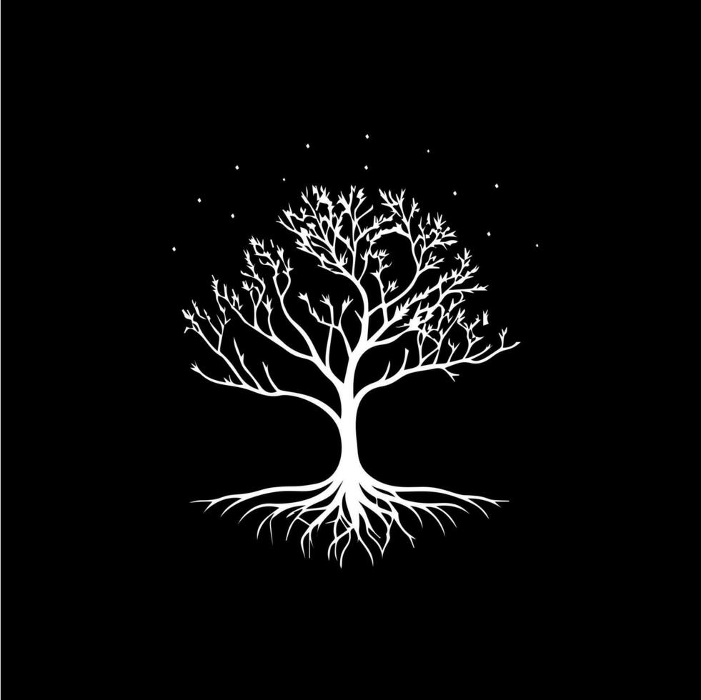 bianca icona di albero radici silhouette su nero sfondo, saggio simbolo, formazione scolastica cartello, boho logo concetto, magliette Stampa, tatuaggio modello. vettore illustrazione