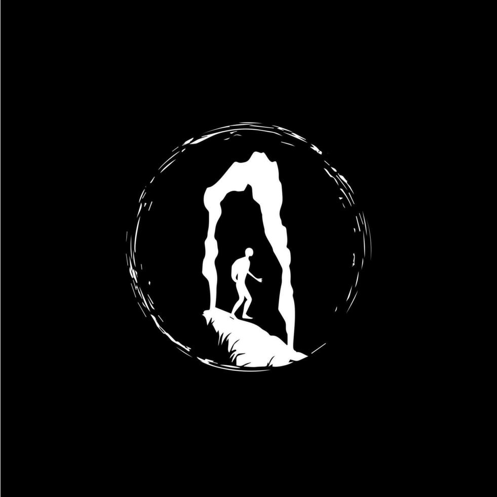 speleologo figura nel grotta silhouette logo modello, uomo delle caverne icona, estremo sport sfida, speleologo etichetta, rischio roccia spedizione simbolo. vettore illustrazione.