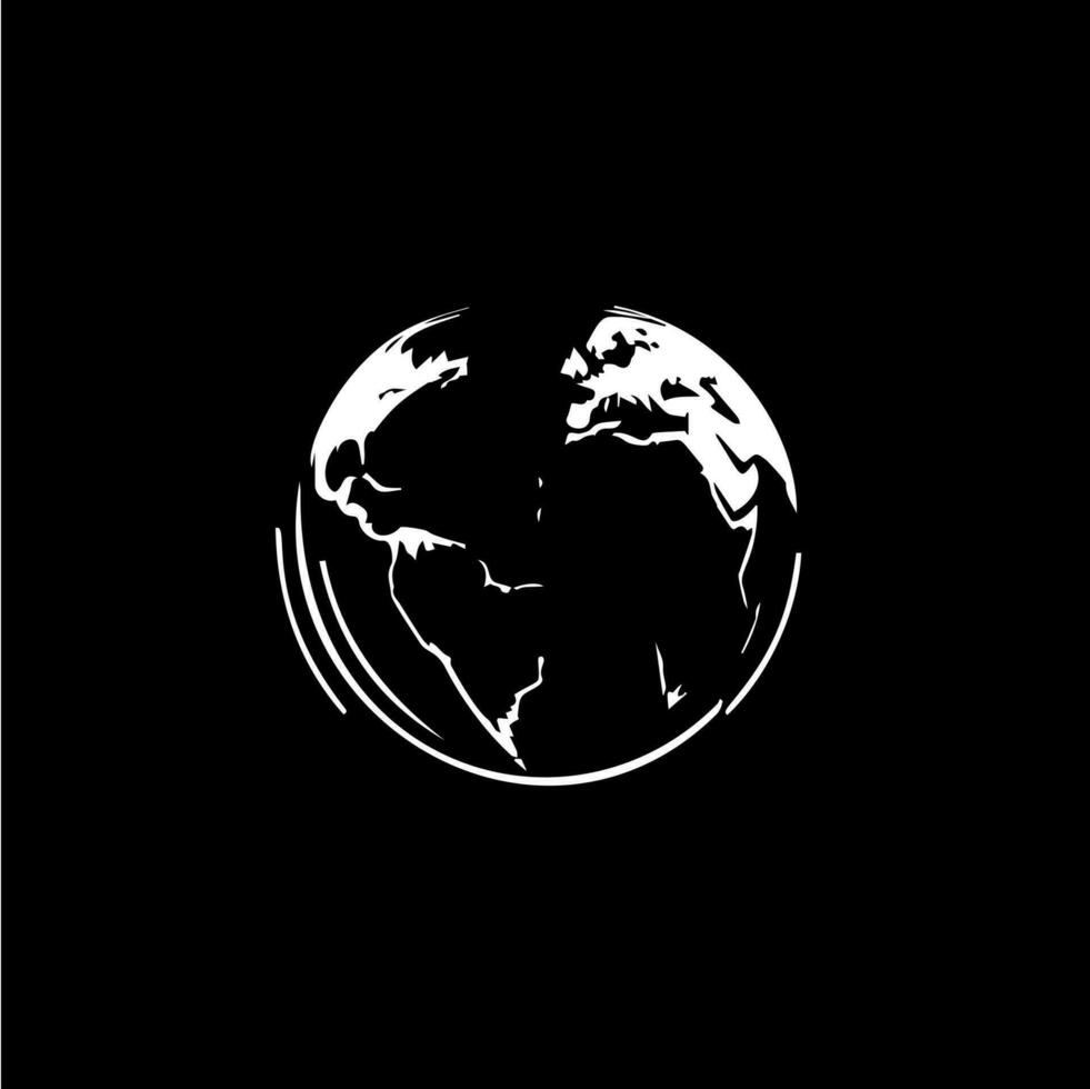 terra logo modello, globo mondo il giro emblema, Salva pianeta icona. globale pianeta sfera mano disegno emblema su nero sfondo, monocromatico schizzo arte. vettore illustrazione