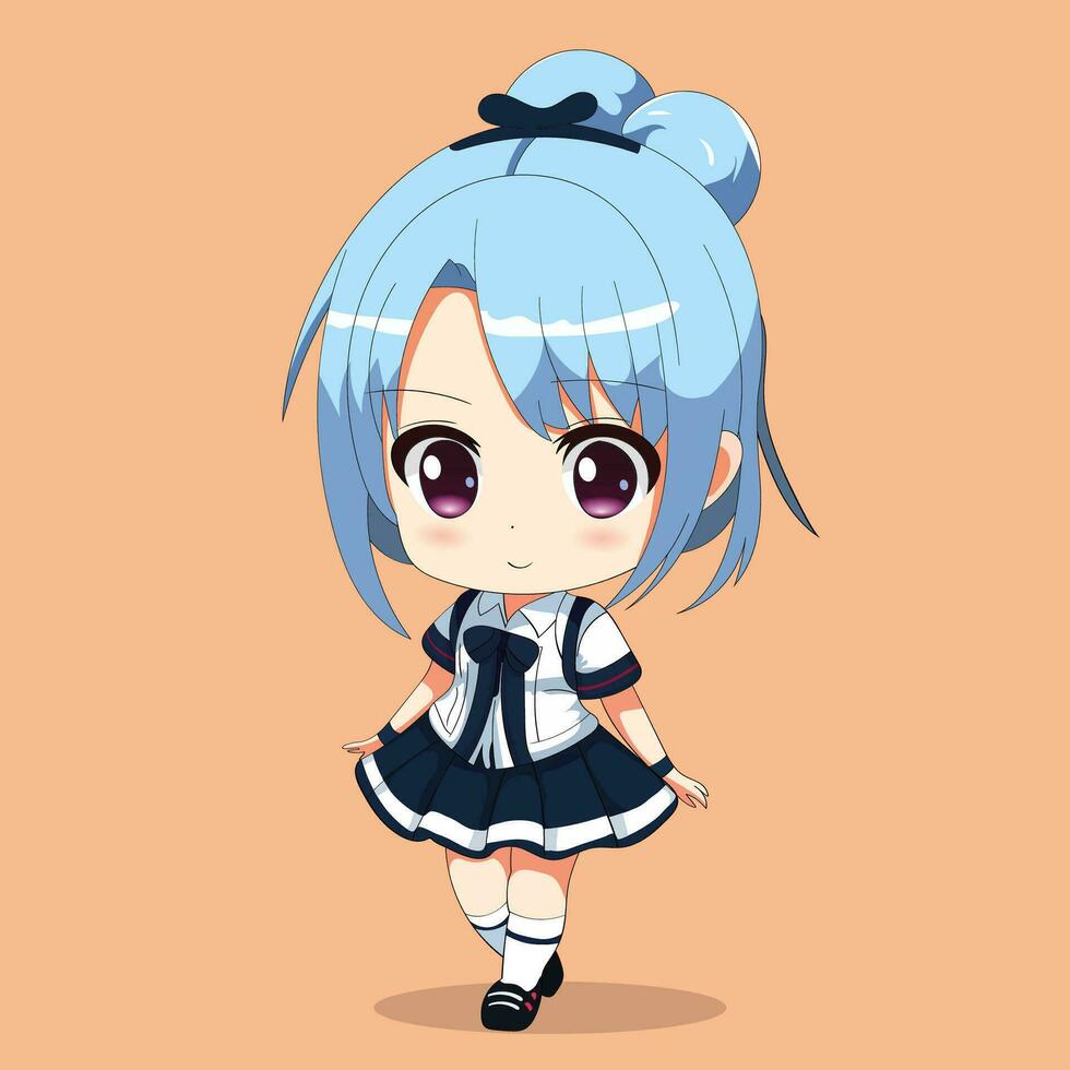 carino chibi ragazza alunno uniforme sorridente e indietro per scuola. cartone animato illustrazione vettore