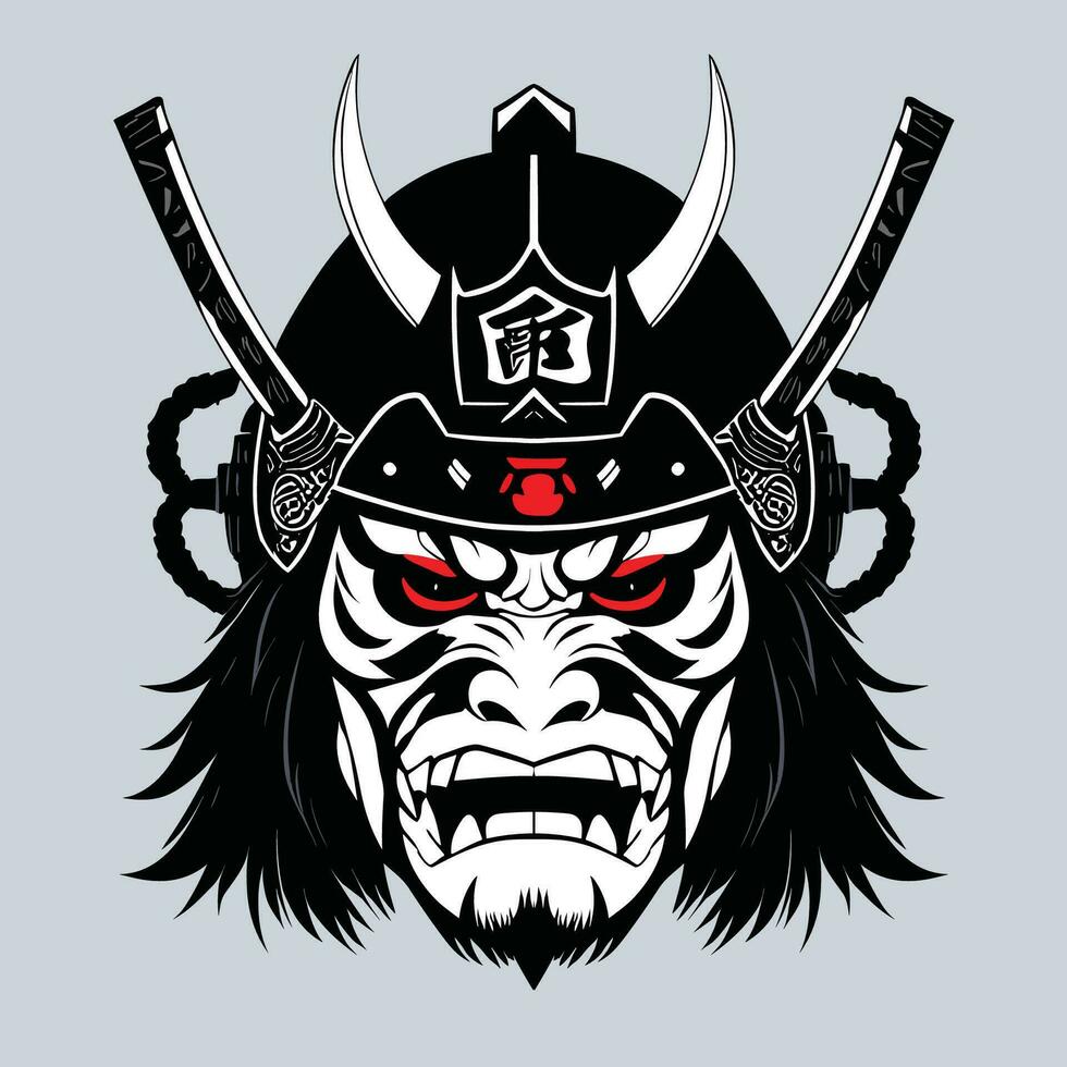 oni maschera tatuaggio. nero mascherato samurai. tradizionale giapponese guerriero. giapponese demone oni maschera design vettore