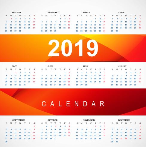 Modello di calendario rosso moderno 2019 con il vettore di onda