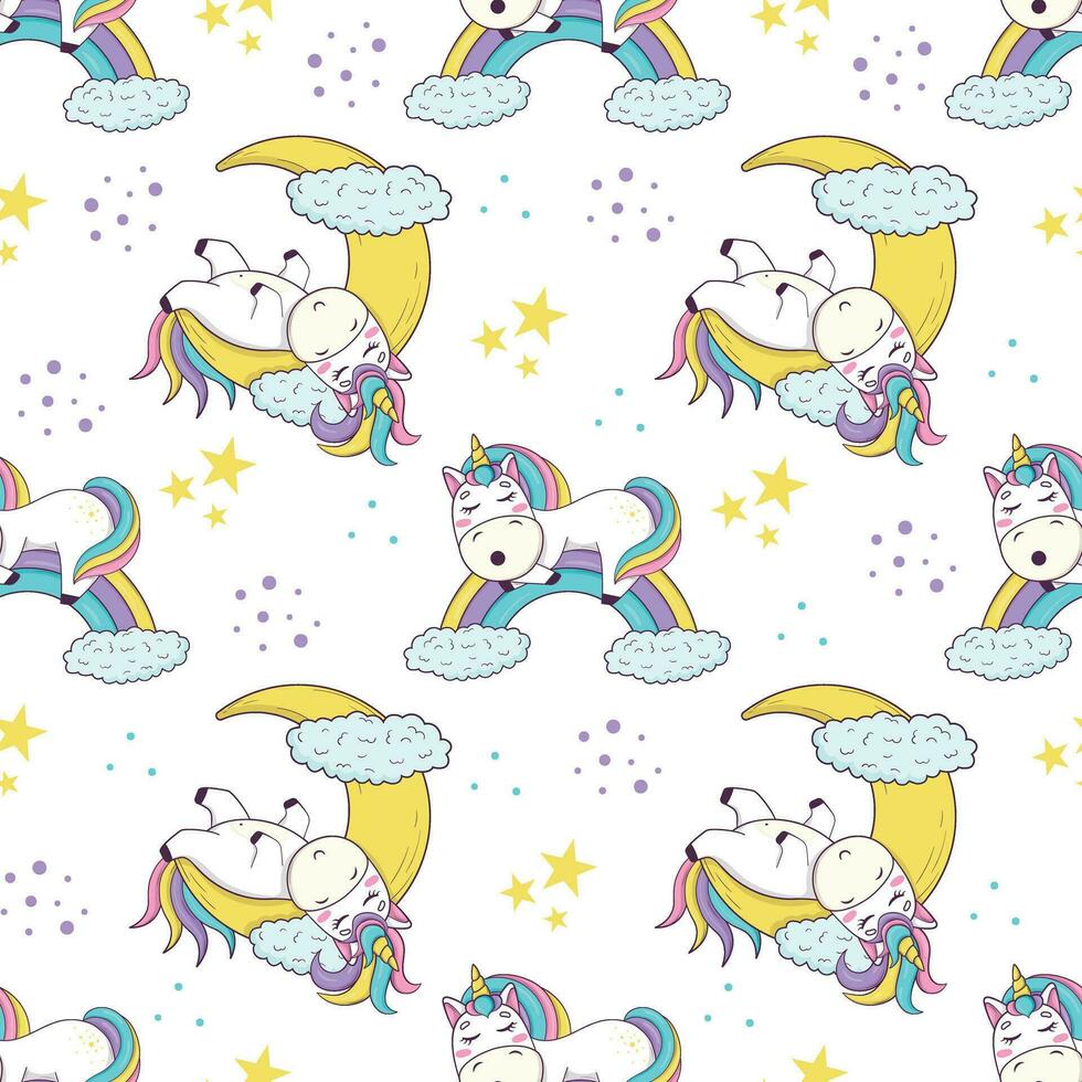 senza soluzione di continuità modello con carino kawaii unicorno con arcobaleno criniera e corno nel anime stile addormentato vettore