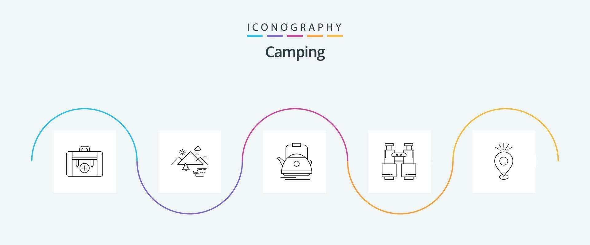 campeggio linea 5 icona imballare Compreso ricerca. binocolo. nuvole. pentola. teiera vettore