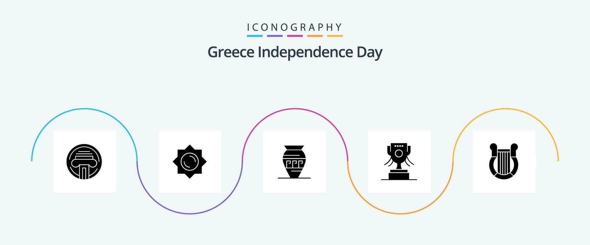 Grecia indipendenza giorno glifo 5 icona imballare Compreso arpa. cultura. antico barattolo. Irlanda. premio vettore