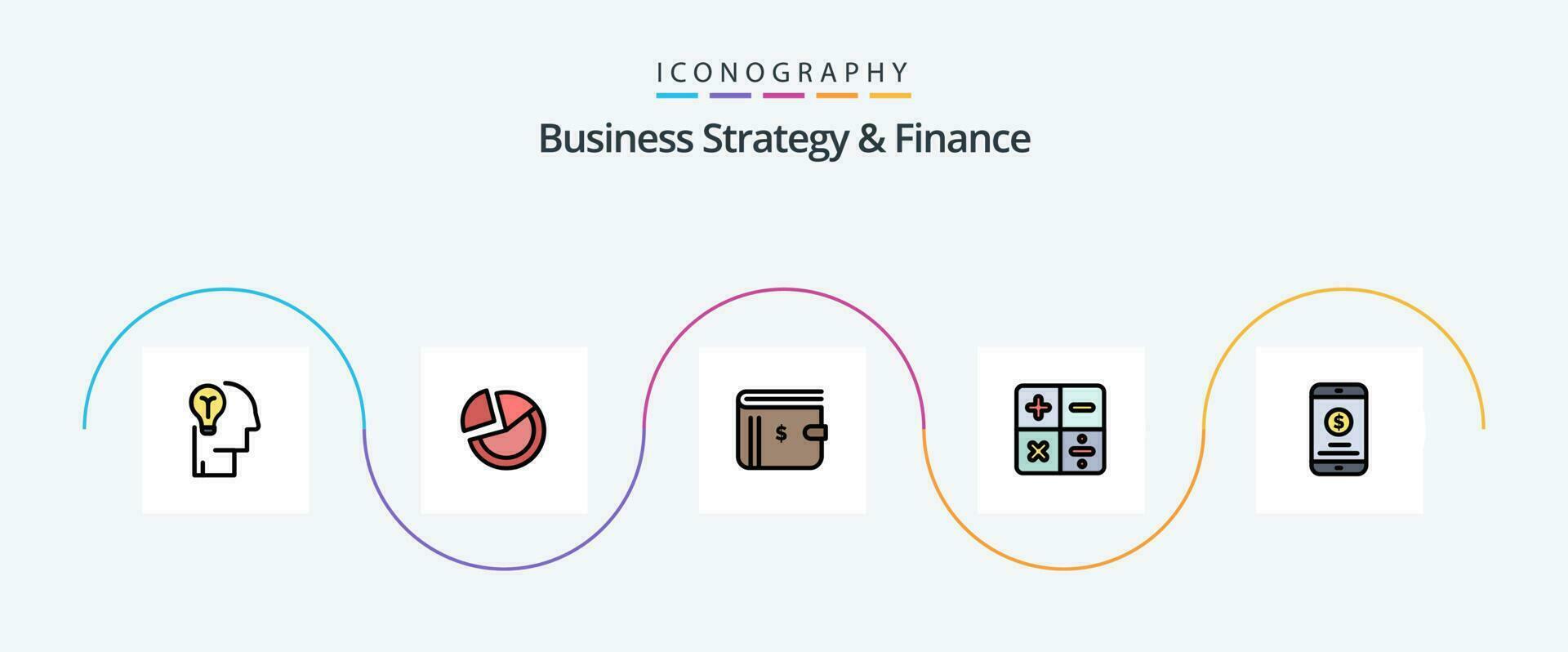 attività commerciale strategia e finanza linea pieno piatto 5 icona imballare Compreso matematica. calcolare. attività commerciale. pagamento. dollaro vettore