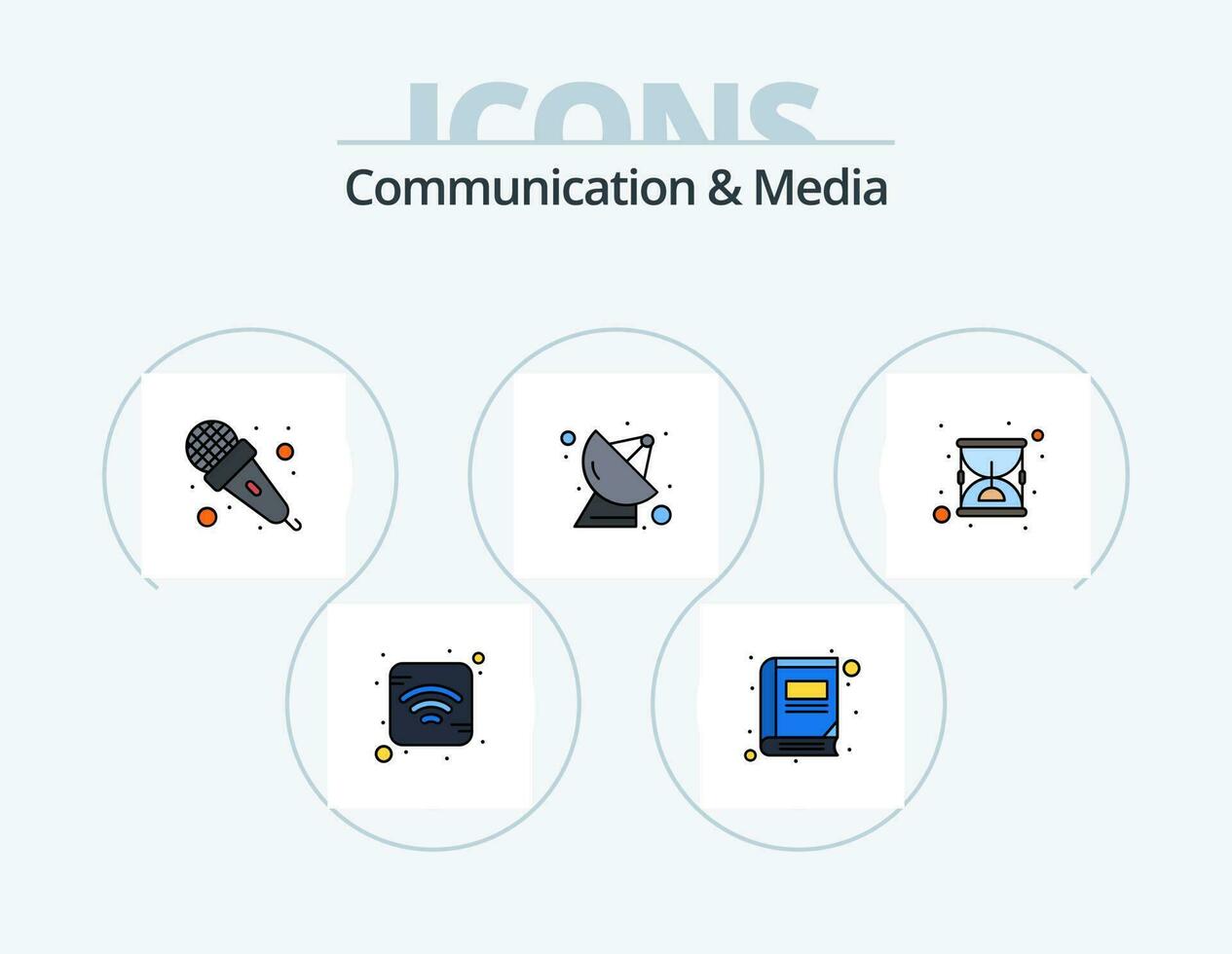comunicazione e media linea pieno icona imballare 5 icona design. scienza. satellitare. ora. telefono. casa vettore