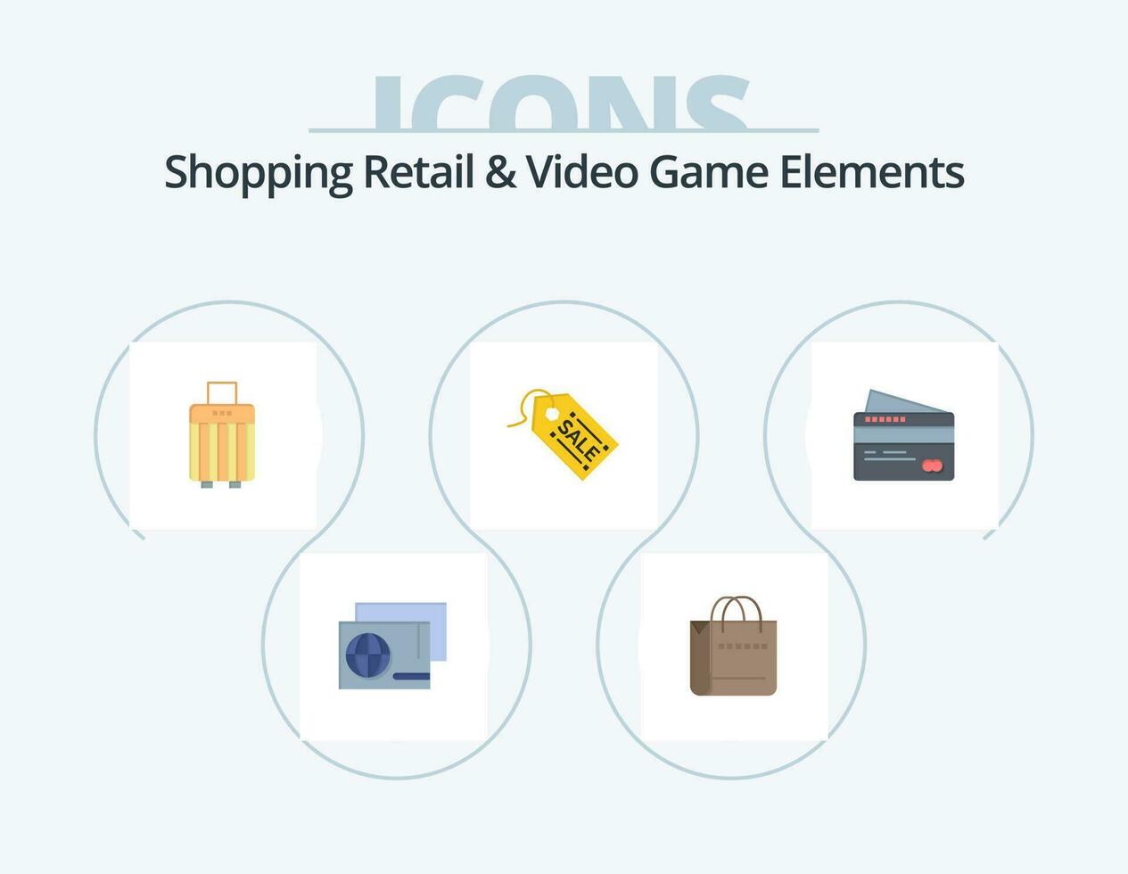 shoping Al dettaglio e video gioco elementi piatto icona imballare 5 icona design. credito. saldi. Borsa . etichetta . e-commerce vettore