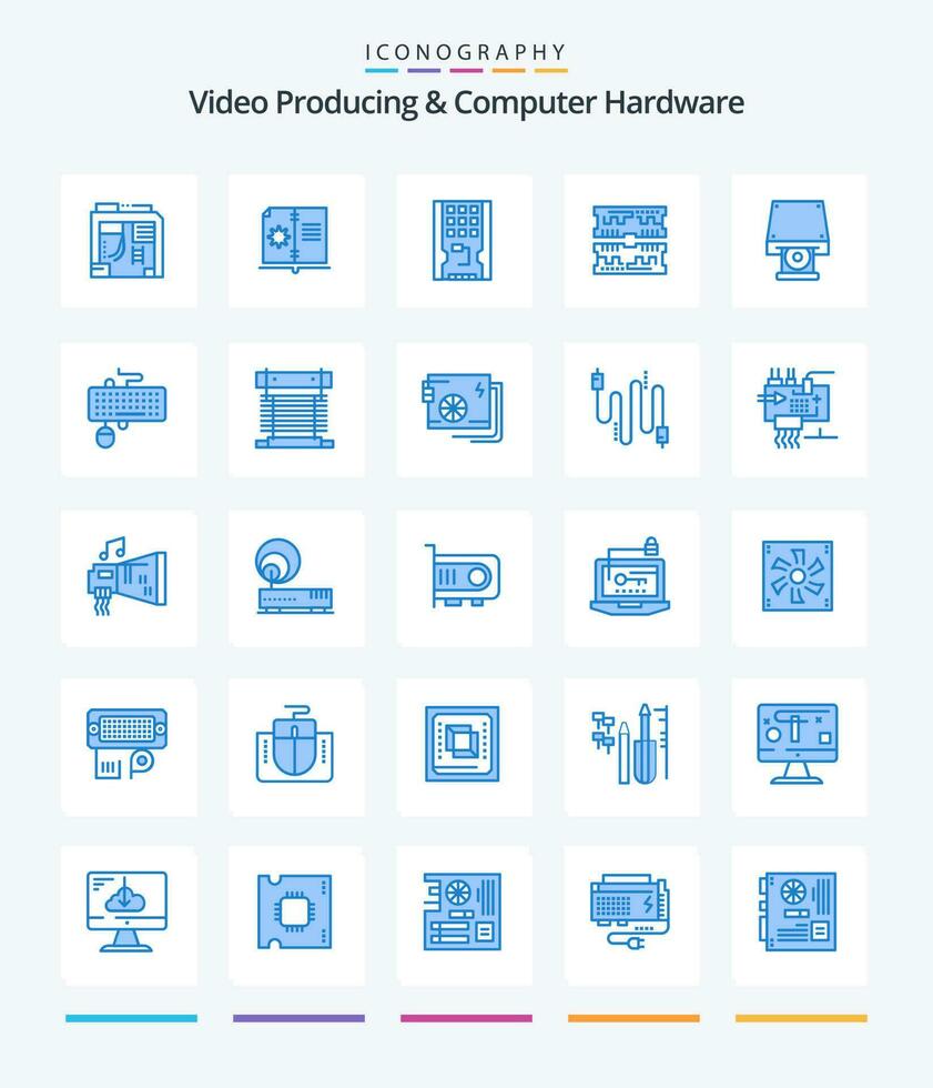 creativo video producendo e computer hardware 25 blu icona imballare come come DVD. computer. disco. componente. ssd vettore