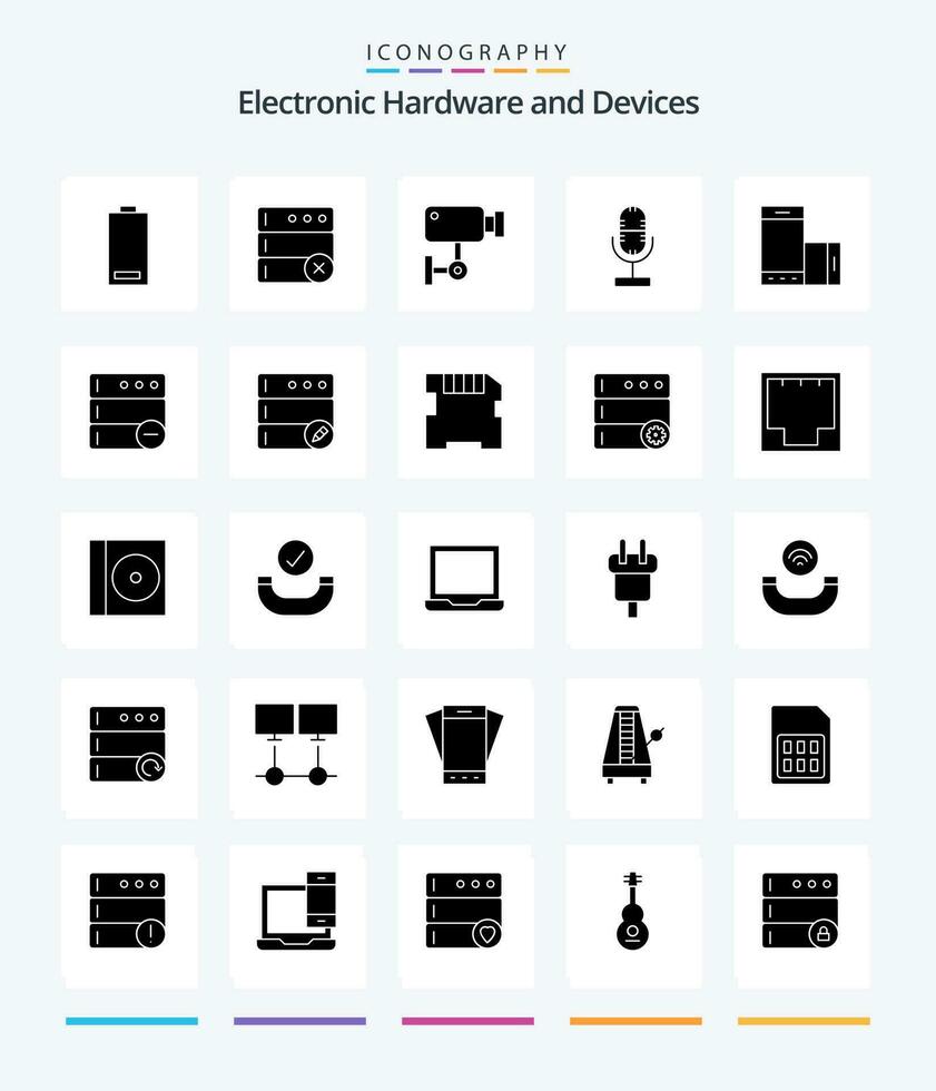creativo dispositivi 25 glifo solido nero icona imballare come come dispositivo. microfono. Camera. trasmissione. parete vettore