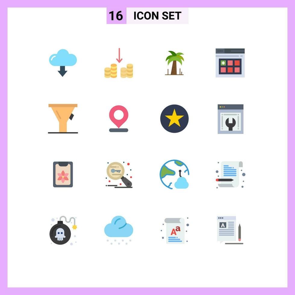 16 piatto colore concetto per siti web mobile e applicazioni carta geografica attrezzo albero imbuto ragnatela pagina modificabile imballare di creativo vettore design elementi