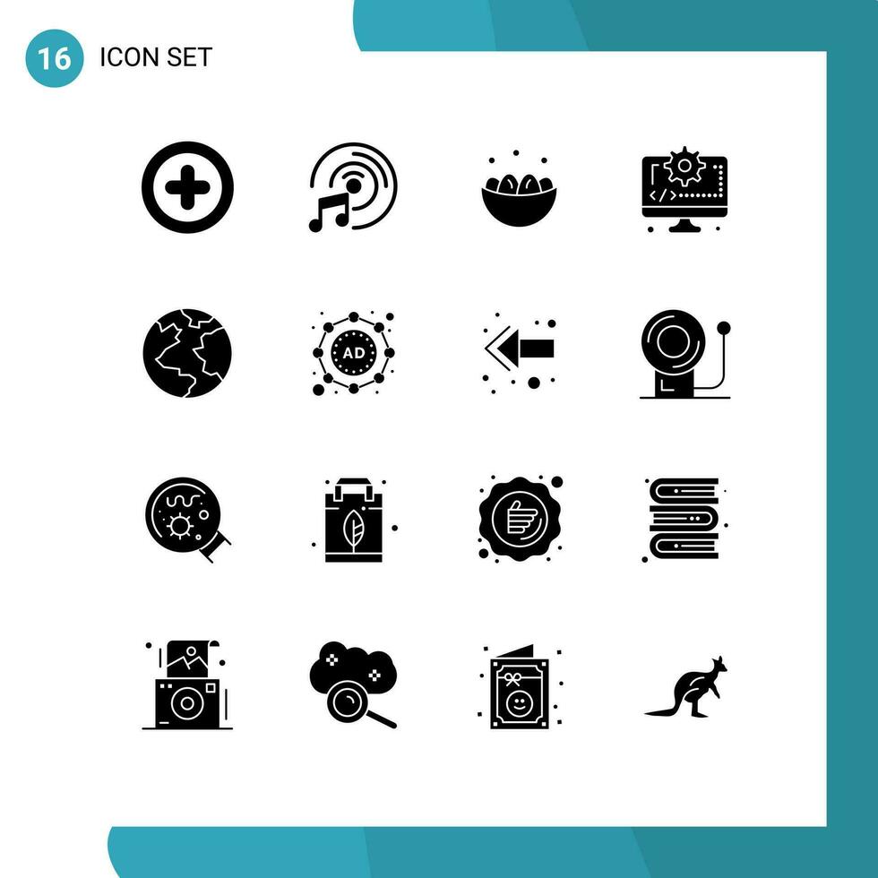 16 solido glifo concetto per siti web mobile e applicazioni mondo terra Pasqua Ingranaggio codifica modificabile vettore design elementi