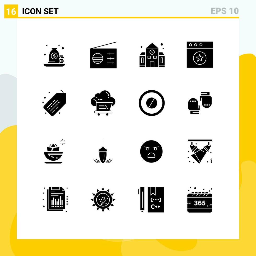 16 solido glifo concetto per siti web mobile e applicazioni vendita etichetta scuola Mac App modificabile vettore design elementi