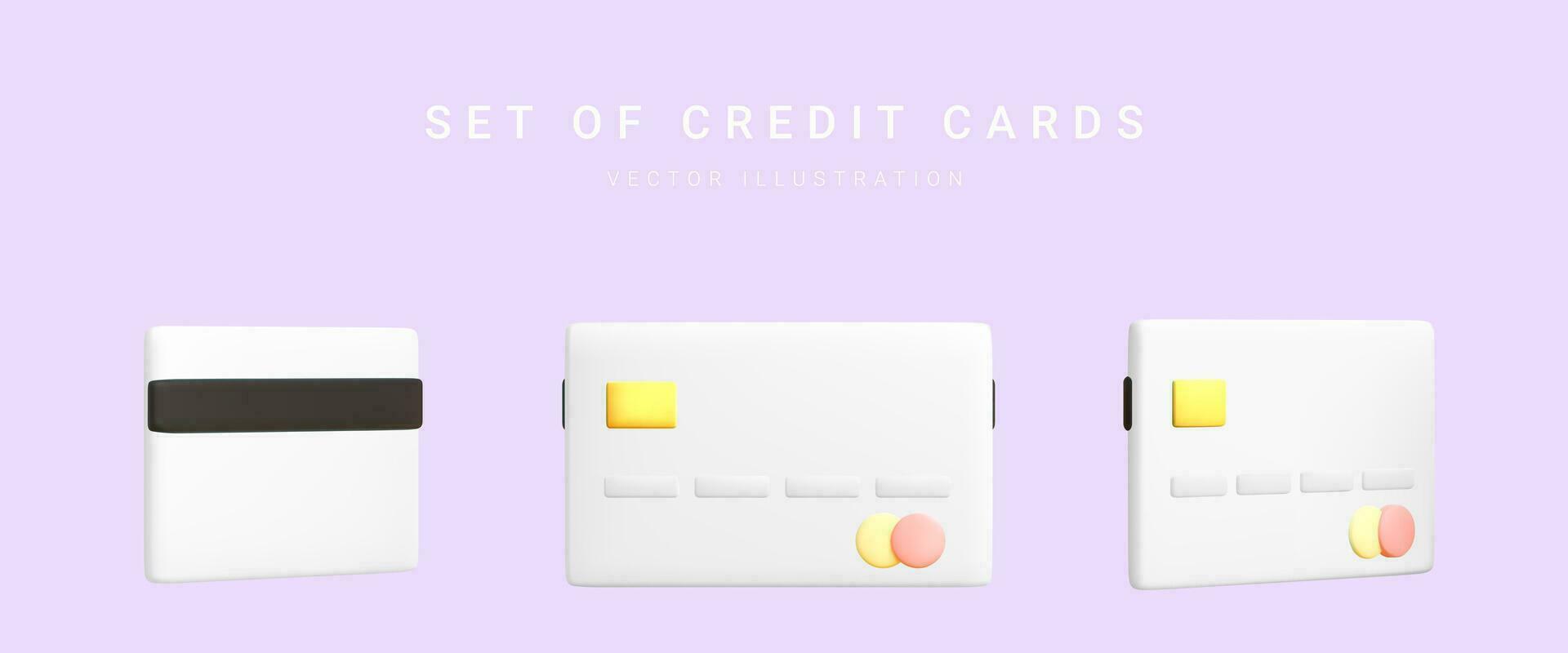 realistico design credito carte impostato nel diverso posizione isolato su leggero sfondo. vettore illustrazione