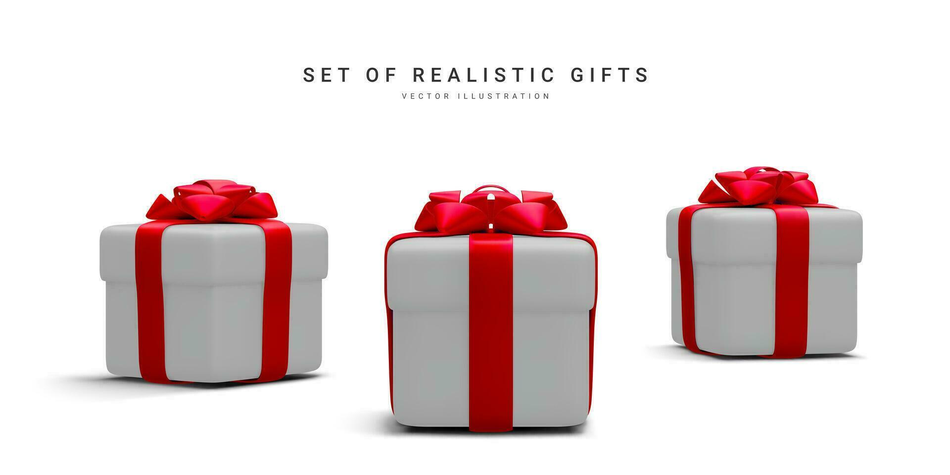 impostato di 3d realistico regalo scatole con fiocco rosso isolato su bianca sfondo. sorpresa scatole. vettore illustrazione