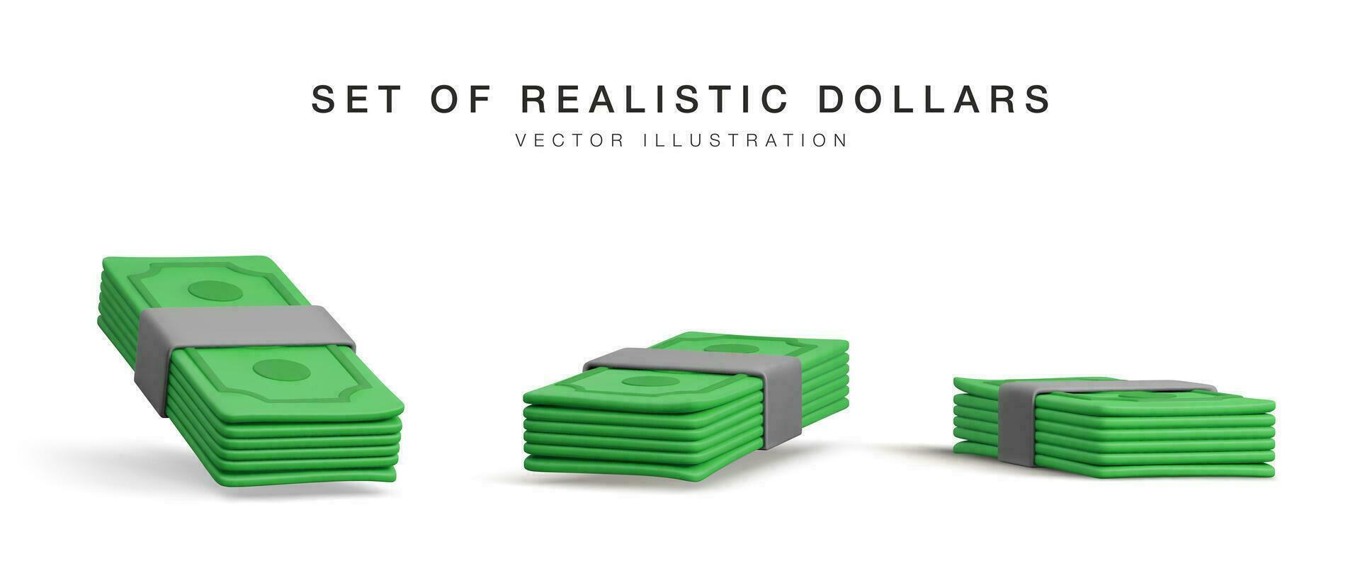 impostato di 3d pila di dollaro Stati Uniti d'America. rendere verde carta imballare di i soldi. carta dollaro banconota isolato su bianca sfondo. vettore illustrazione