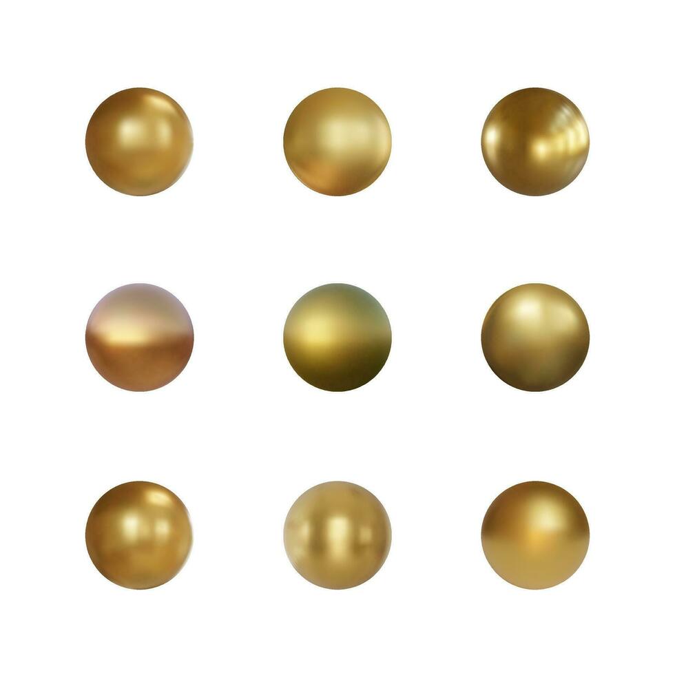 impostato di oro sfera con ombra isolato su bianca sfondo. collezione di olio bolla. d'oro lucido 3d palla o prezioso perla. vettore illustrazione